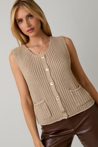 Taupe Relaxed Button Down Chunky Sweater Vest