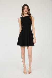 Black Sleeveless Waist Detail Flare Mini Dress