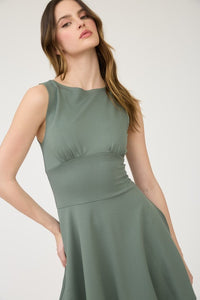 Moss Green Sleeveless Waist Detail Flare Mini Dress