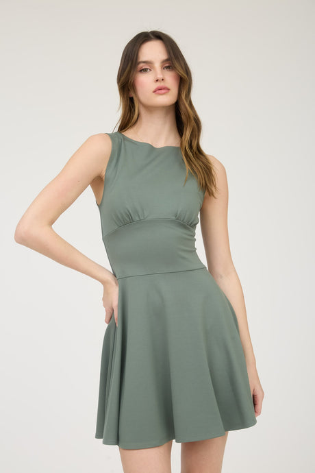 Moss Green Sleeveless Waist Detail Flare Mini Dress