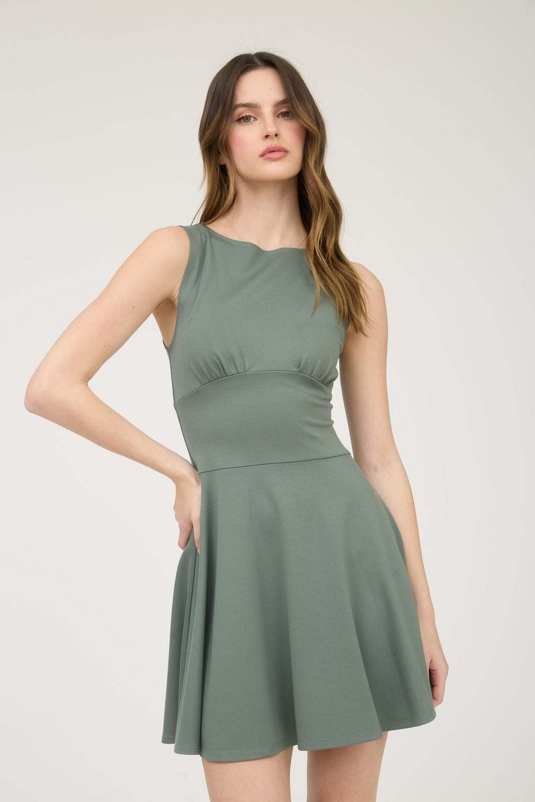 Moss Green Sleeveless Waist Detail Flare Mini Dress Aquarius Brand Moss Green Sleeveless Waist Detail Flare Mini Dress Aquarius Brand