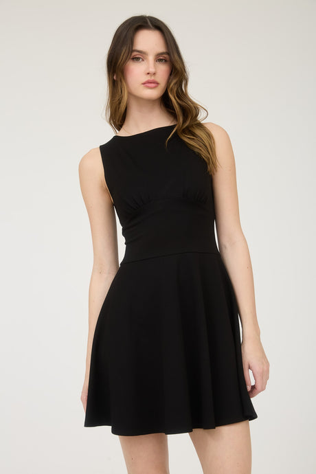 Black Sleeveless Waist Detail Flare Mini Dress
