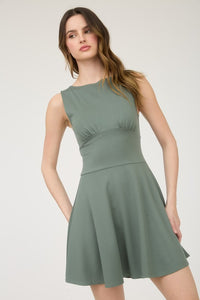 Moss Green Sleeveless Waist Detail Flare Mini Dress