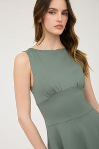 Moss Green Sleeveless Waist Detail Flare Mini Dress