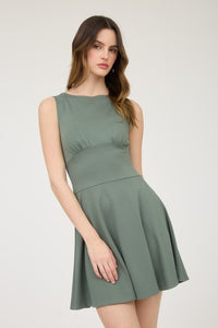 Moss Green Sleeveless Waist Detail Flare Mini Dress