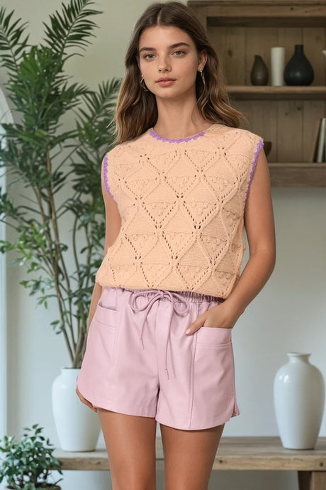 Taupe Sleeveless Crochet Knit Top With Contrast Trim