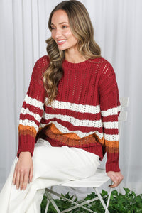Burgundy Crew Neck Long Sleeve Multi Striped Sweater