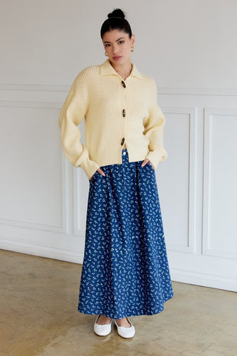 Floral Printed Denim Pleated Circle Midi Skirt