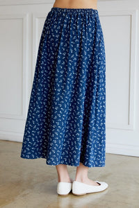 Floral Printed Denim Pleated Circle Midi Skirt