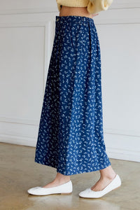 Floral Printed Denim Pleated Circle Midi Skirt