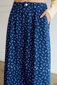 Floral Printed Denim Pleated Circle Midi Skirt