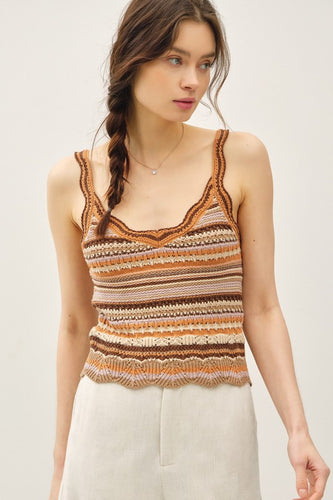Choco Combo Scalloped Edges Multi Color Striped Knit Tank