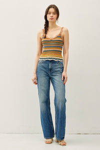 Teal Combo Scalloped Edges Multi Color Striped Knit Tank