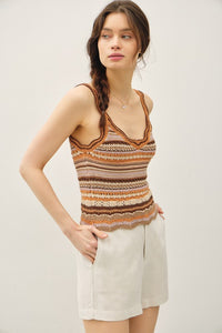 Choco Combo Scalloped Edges Multi Color Striped Knit Tank