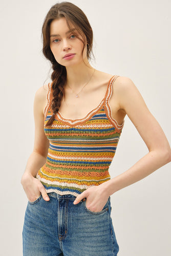 Teal Combo Scalloped Edges Multi Color Striped Knit Tank