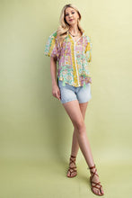 Green Mixed Print Puff Sleeve Top