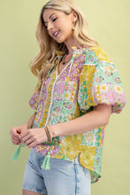 Green Mixed Print Puff Sleeve Top