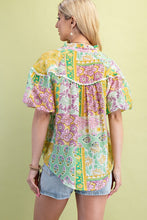 Green Mixed Print Puff Sleeve Top