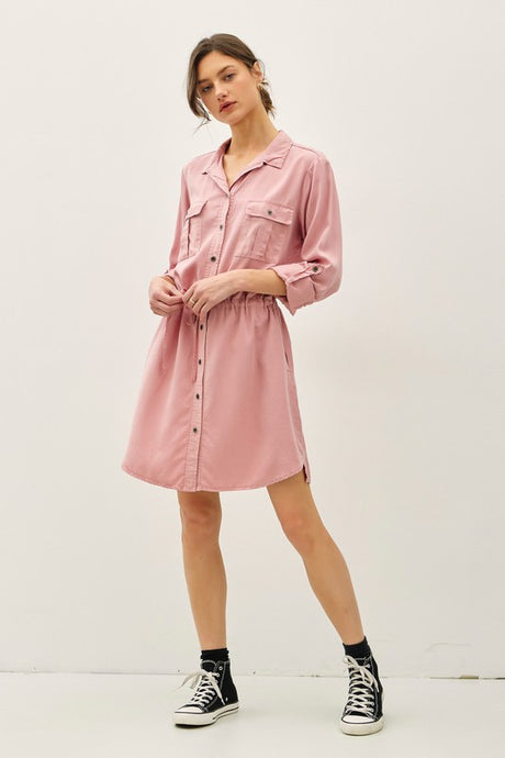 Vintage Coral Utility Tencel Dress With Roll Up Sleeve