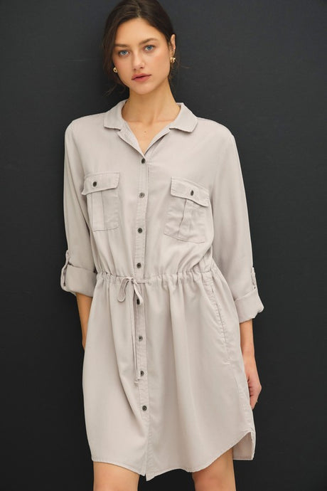 Stone Grey Utility Tencel Dress With Roll Up Sleeve