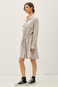 Stone Grey Utility Tencel Dress With Roll Up Sleeve