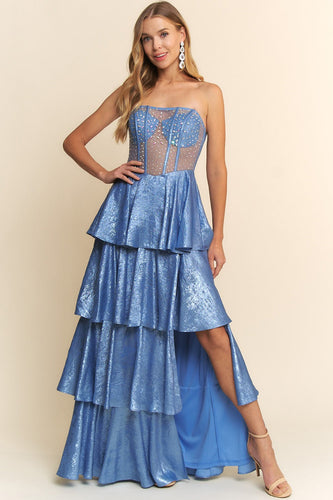 Blue Corset Bodice Tiered Maxi Dress
