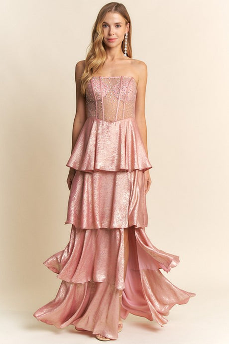 Pink Corset Bodice Tiered Maxi Dress