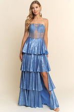 Blue Corset Bodice Tiered Maxi Dress
