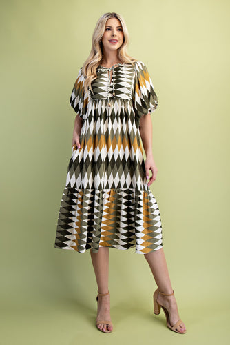 Olive Mix Diamond Print Midi Dress