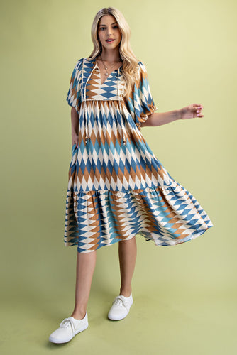 Blue Mix Diamond Print Midi Dress