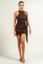Mocha Chic Glitter Mesh High Neck Wrap Style Mini Dress