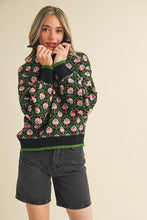 Black Olive Multi Floral Mock Neck Half Zip Pullover Sweater
