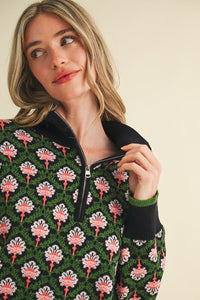 Black Olive Multi Floral Mock Neck Half Zip Pullover Sweater