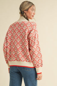 Cream Orange Multi Floral Mock Neck Half Zip Pullover Sweater