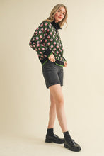 Black Olive Multi Floral Mock Neck Half Zip Pullover Sweater