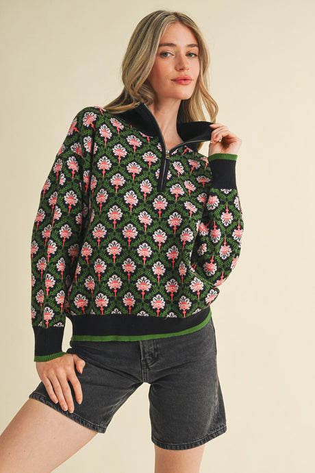 Black Olive Multi Floral Mock Neck Half Zip Pullover Sweater