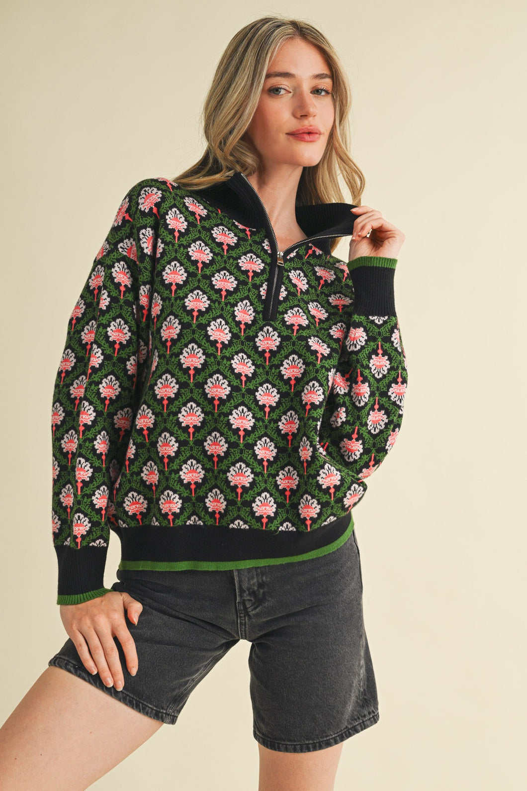 Black Olive Multi Floral Mock Neck Half Zip Pullover Sweater
