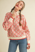 Cream Orange Multi Floral Mock Neck Half Zip Pullover Sweater