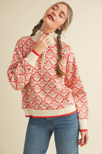 Cream Orange Multi Floral Mock Neck Half Zip Pullover Sweater