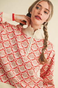 Cream Orange Multi Floral Mock Neck Half Zip Pullover Sweater