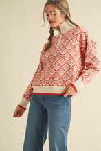 Cream Orange Multi Floral Mock Neck Half Zip Pullover Sweater