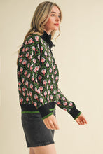 Black Olive Multi Floral Mock Neck Half Zip Pullover Sweater