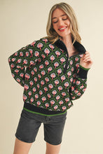 Black Olive Multi Floral Mock Neck Half Zip Pullover Sweater