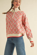 Cream Orange Multi Floral Mock Neck Half Zip Pullover Sweater