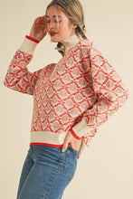Cream Orange Multi Floral Mock Neck Half Zip Pullover Sweater