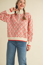 Cream Orange Multi Floral Mock Neck Half Zip Pullover Sweater