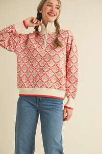Cream Orange Multi Floral Mock Neck Half Zip Pullover Sweater