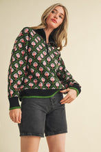 Black Olive Multi Floral Mock Neck Half Zip Pullover Sweater