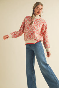Cream Orange Multi Floral Mock Neck Half Zip Pullover Sweater