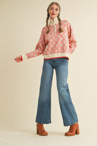 Cream Orange Multi Floral Mock Neck Half Zip Pullover Sweater